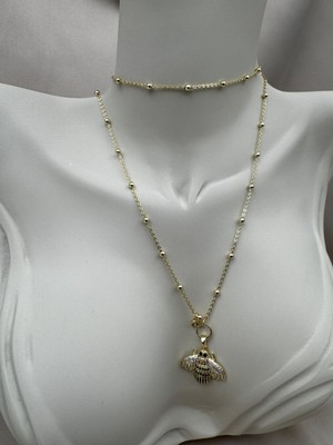 Luseda Siyah Beyaz Zirkon Taşlı Arı Figürlü Gold Renk 70+5cm Ayarlanabilir Kolye