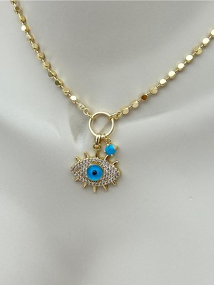 Luseda Turkuaz Nazar Göz Zirkon Taşlı 50+5 cm Ayarlanabilir Zincir Kolye