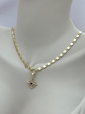 Luseda Mavi Kalp Taşlı Işıltılı Charm Detaylı 40+5 cm Ayarlanabilir Zincir Kolye