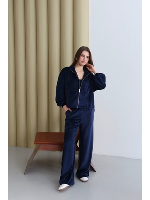 Fehu Bloom Kadın Lacivert Fermuarlı 3'lü Kadife Takım