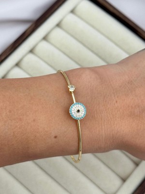 Luseda VIP Nazar ve Kalp Taş Detaylı Ayarlanabilir Gold Bileklik