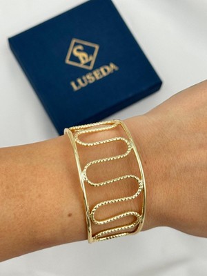 Luseda VIP Dalga Formlu Geniş Ayarlanabilir Gold Kelepçe Bileklik