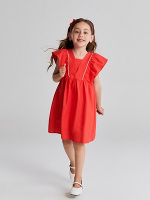 Lc Waikiki Yeni Sezon Kare Yaka Keten Görünümlü Kız Çocuk Elbise