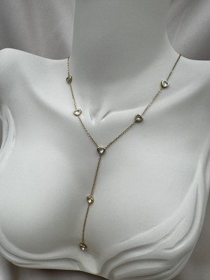 Luseda Taşlı Kalp Model Gold Renk 40+5CM Kararmaz Çelik Kolye