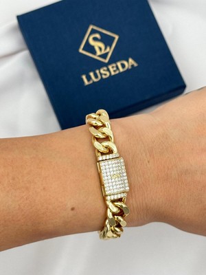 Luseda Xuping Kalın Gurmet Zincir Taşlı 18 cm Gold Bileklik