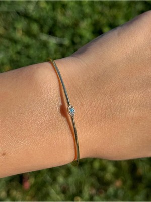 Luseda Mavi Taşlı Nazar Göz Figürlü Ayarlanabilir Gold Bileklik