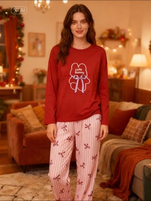 NiCe İç Giyim Bordo Tavşan Fiyonk Desenli Flexıble Cotton Esnek Kumaş Bayan Pijama Takım