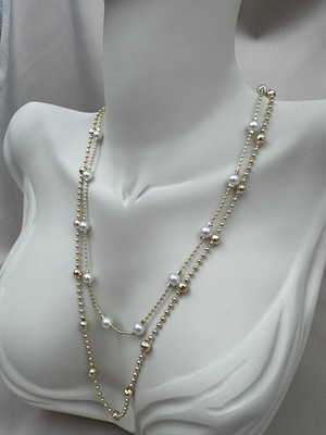 Luseda Inci Detaylı Gold Renk 40+5cm Ayarlanabilir Zincir Kolye