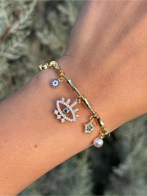 Luseda Nazar Göz Yıldız Charm Ayarlanabilir Bambu Desen Kelepçe Bileklik