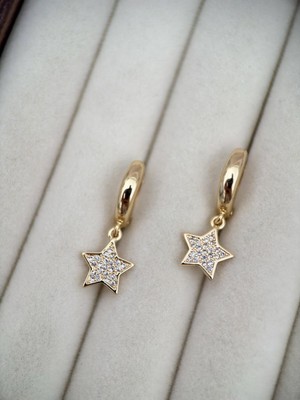 Luseda Gold Renk Mini Halka Yıldız Sallantılı Zirkon Taşlı VIP Küpe