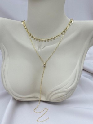 Luseda Çift Sıra Pul Detaylı Tek Taş Uzun Lariat Y Kolye 41+5 cm