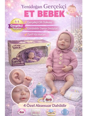 KoseToys Kız Bebek Oyuncağı Gerçekci Hareketli Silikon Bebek( Pembe Örgü Tulumlu) 43 cm Aksesuarlar Dahildir