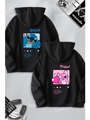 Macklin Unisex Sevgili Çift Kombini Stitch ve Angel Friends Love Sırt Baskılı Kapüşonlu Sweatshirt 2li Takım