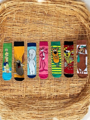 Al Bi 90Lık Renkli 7'li Set Çizgi Film Kahramanlar Desenli Pamuklu Çorap