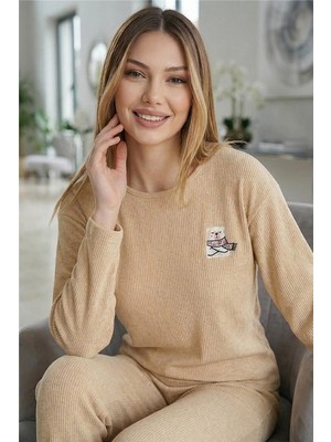 Vanilya Bear Desenli Uzun Kollu Seul Örme Kadın Pijama Takımı