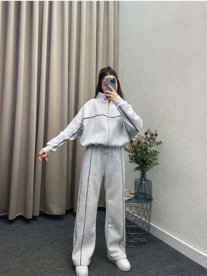 Kadın Şerit Detaylı Fermuarlı 3 Iplik Eşofman Takım