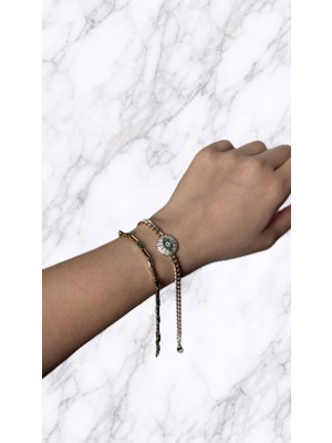 Zayora Aksesuar Gold Renk Yeşil Baget Taşlı Dikdörtgen Zincir Bileklik