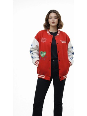 Velmora Premium Kırmızı Varsity Çıtçıtlı Baskılı Oversize Kalıp Kolej Ceket - Kırmızı