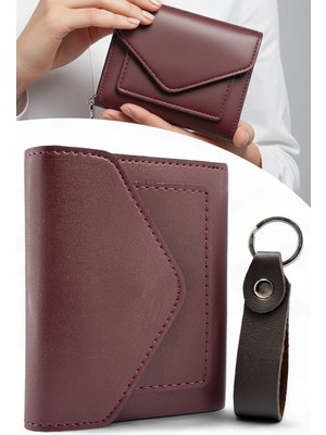 Evveli Kadın Deri Küçük Cüzdan Fermuarlı Kağıt Para Bölmeli ve Anahtarlık Hediye Seti