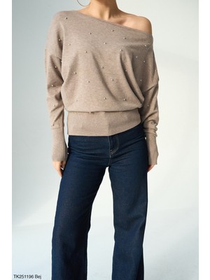 Qu Style Tek Omuzu Açık Taşlı Kazak