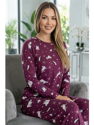 Pijama Evi Mürdüm Bear Desenli Uzun Kollu Bambu Örme Kadın Pijama Takımı