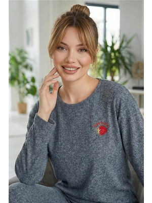 Füme Strawberry Desenli Uzun Kollu Seul Örme Kadın Pijama Takımı