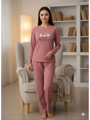 Enisa Interlok Kumaş Uzun Kollu Kadın Pijama Takımı Desenli Baskılı Işlemeli