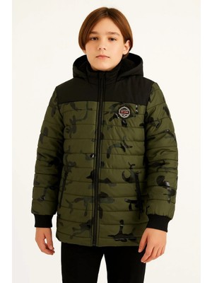 Velmora Velmora Kamuflaj Desenli Mont Içi Sıcak Tutan Pelüş Astarlı, Kapüşonlu, Fermuarlı Kışlık Su Itici Şişme Mont - Haki