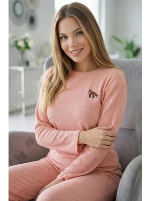 Pudra Fox Desenli Uzun Kollu Seul Örme Kadın Pijama Takımı