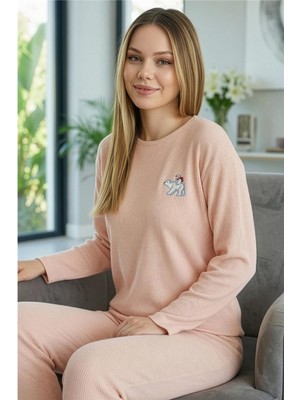 Somon Bear Desenli Uzun Kollu Seul Örme Kadın Pijama Takımı