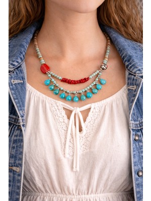 Herşey Nota Anatolia Drops Damla Detaylı Etnik Kadın Kolye – Pirinç & Doğal Taşlı, 40 cm Boyuna Yakın Bohem Kolye