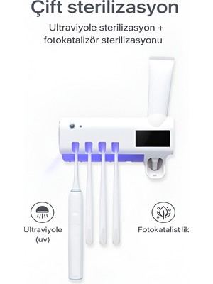 Azurtech Fv- Sensörlü Uv Sterilizatör Şarjlı Diş Fırçalık – Duvar Tipi Diş Fırçası Tutucu Banyo Düzenleyici