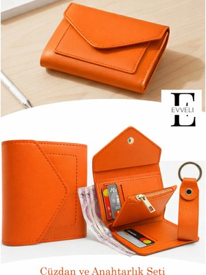 Evveli Kadın Deri Küçük Cüzdan Fermuarlı Kağıt Para Bölmeli ve Anahtarlık Hediye Seti