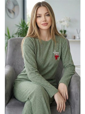 Pijama Evi Yeşil Bear Desenli Uzun Kollu Seul Örme Kadın Pijama Takımı