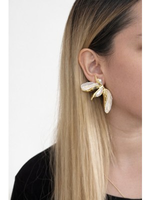 Zayora Aksesuar Gold Renk Inci ve Detay Çiçek Küpe