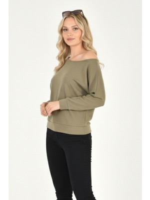 Abay Butik Kadın Kayık Yaka Yarasa Kol Düşük Omuz Yumuşak Modal Kumaş Bluz