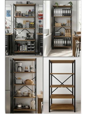 Agila Metal Gövdeli Kitaplık, Çok Amaçlı 5 Katlı Mutfak & Banyo Rafı - Kahve