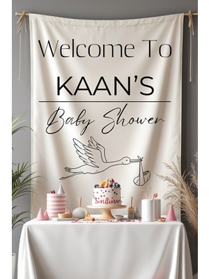 Puppetzzz Baby Shower Kişiye Özel Isimli Karşılama Flaması - Leylek Temalı Kumaş Afiş