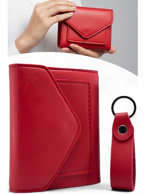 Evveli Kadın Deri Küçük Cüzdan Fermuarlı Kağıt Para Bölmeli ve Anahtarlık Hediye Seti