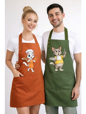 Hulganz Mutfak Önlüğü Seti Turuncu Haki Yeşil 2'li Leke Tutmaz Su Itici Kumaş Solmaz Baskı Şef Kediler Çift Mutfak Önlük Bulaşık Aşçı Hediye Çeyiz Sevgililer