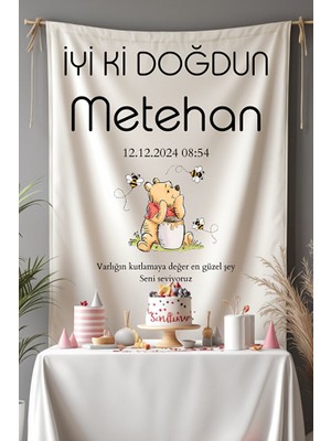 Puppetzzz Winnie The Pooh Temalı Kişiye Özel Doğum Günü Flaması - Isimli Tarihli Kumaş Afiş