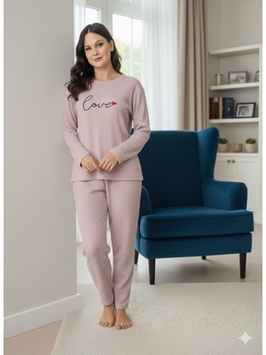 Enisa Interlok Kumaş Uzun Kollu Kadın Pijama Takımı Desenli Baskılı Işlemeli
