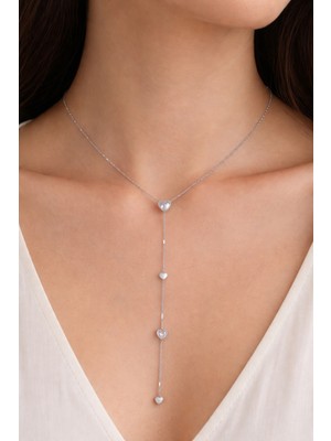 MSZ Silver Y Model Kalp Detaylı Zirkon Taşlı Gümüş Kaplama Çelik Kolye - Lariat Tarzı Uzun Zarif Kolye