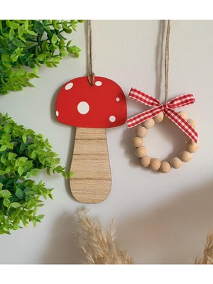 SSCglow Kırmızı Ahşap Mantar Bebek Çocuk Odası Mutfak Balkon Dekoratif Askılı Süs 2'li Set
