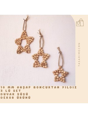 SSCglow Dekoratif Ahşap Boncuklu 3 Lü Set Yıldız Balkon Mutfak Salon Bebek Odası Duvar Süsü Kahve Köşesi