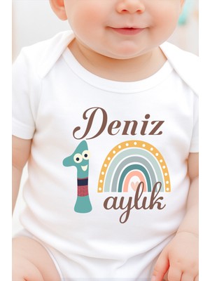 Sitilin Isimli Aylık Kız Erkek Badi Set 12 Ay Her Ay Özel Baskılı Uzun Kol Çıtçıtlı Body STL7154