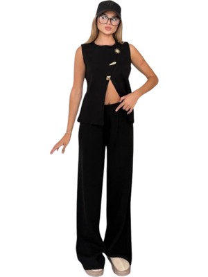 Kechi Woman Gold Aksesuarlı Siyah Yelek-Pantolon Triko Takım