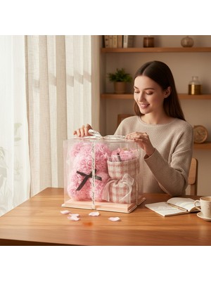 Hediyesahibi Şeffaf Kutuda Gül Ayıcık & Pembe Hediye Seti – Özel Günler Için Şık Tasarım