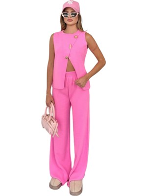 Kechi Woman Gold Aksesuarlı Pembe Yelek-Pantolon Triko Takım