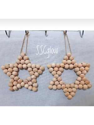 SSCglow Dev Doğal Ahşap Boncuklu Dekoratif 2'li Yıldız Set, Jüt Ipli Yılbaşı Ağacı Süsü